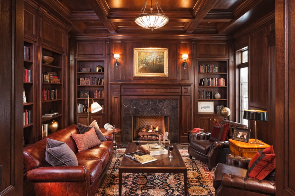 роскошная гостиная с деревянной и кожаной мебелью