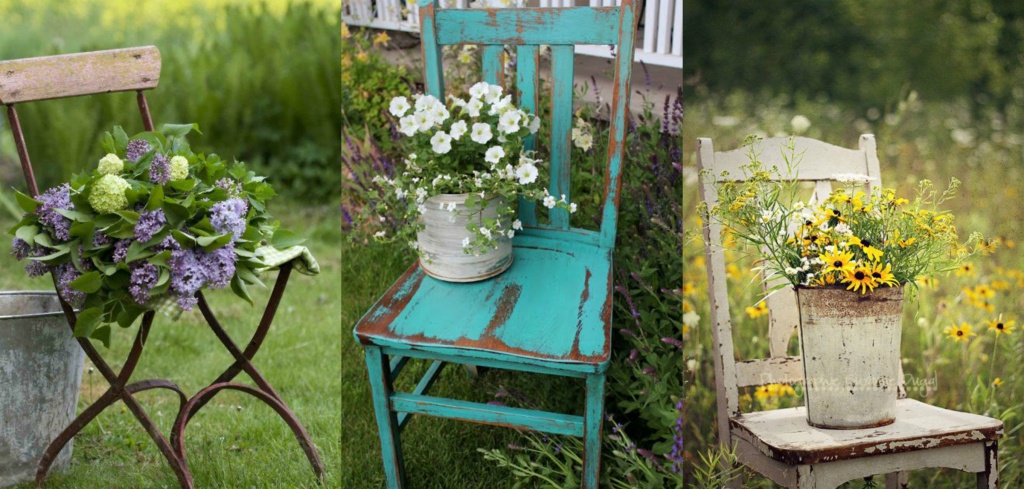 интересное использование старых стульев и цветов