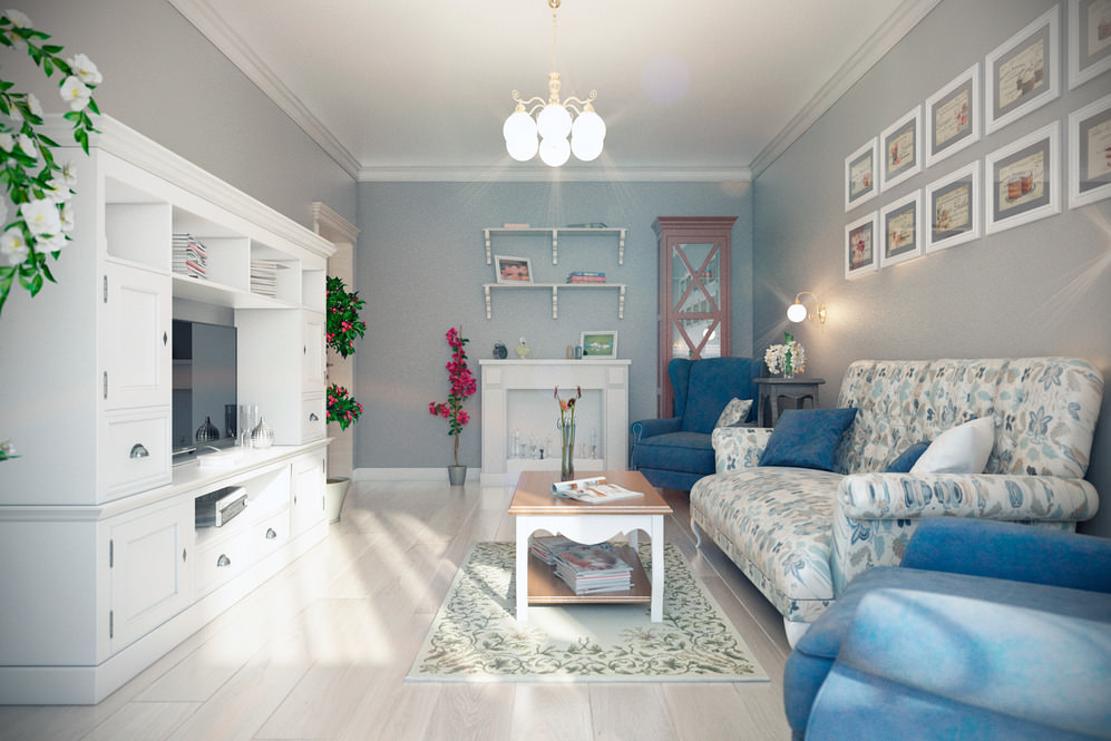 спокойная гостиная-спальня белых и голубых оттенков