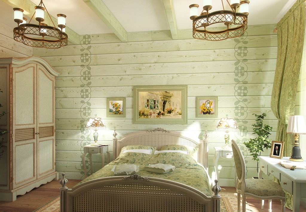 Использование зелёного оттенка спальни и декора прованс