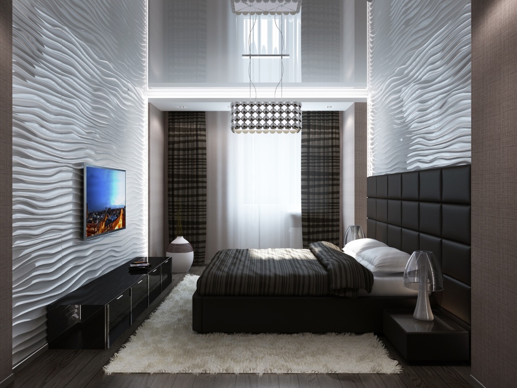 чёрно-белая спальня с акцентной стеной и яркой картиной