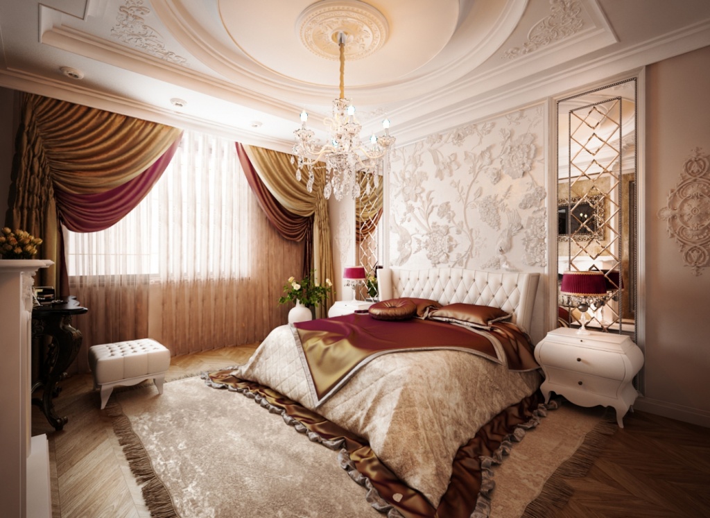 небольшая спальня с золотыми и бордовыми вставками