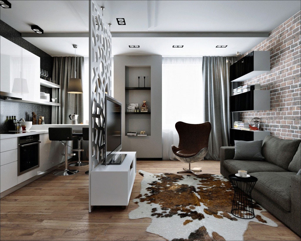 Софиты на потоке в однокомнатной квартире, выполненной в стиле минимализм
