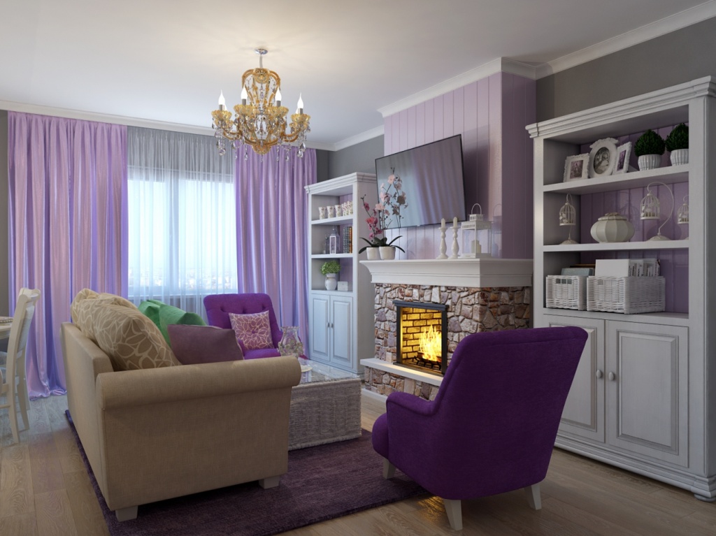 Белая гостиная стиля прованс с фиолетовыми вставками