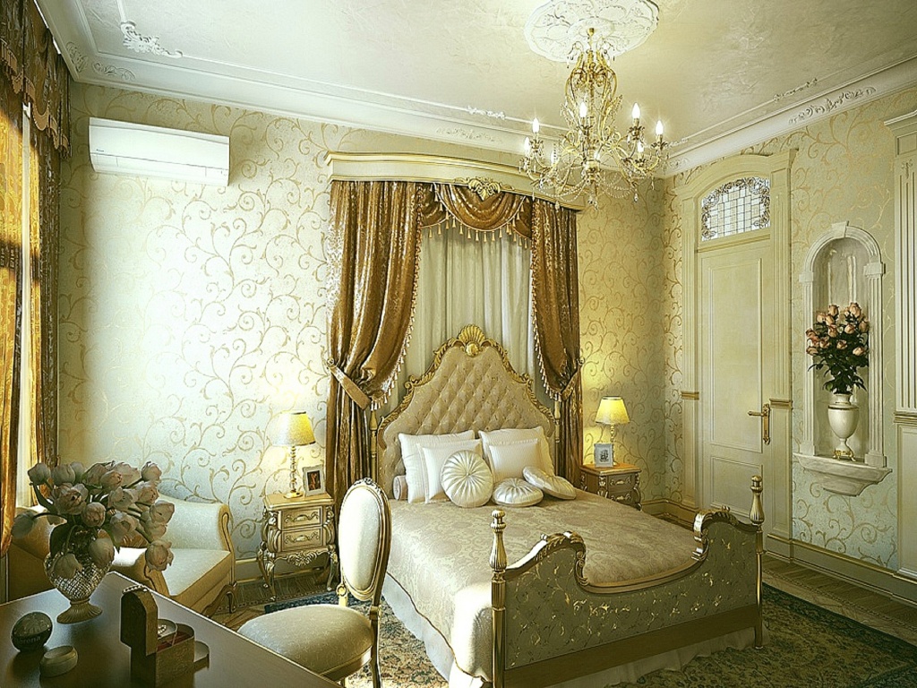 роскошная спальня с золотыми вставками и необычной люстрой